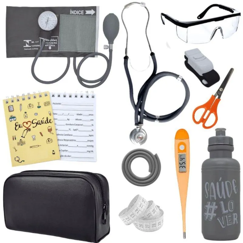 Kit Enfermagem Estágio Aparelho Pressão Estetoscópio Cinza