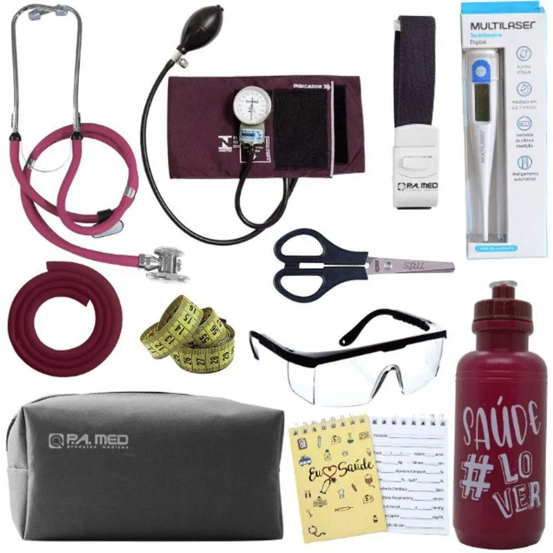 Kit Enfermagem Estágio Aparelho Pressão Estetoscópio Vermelho Escuro