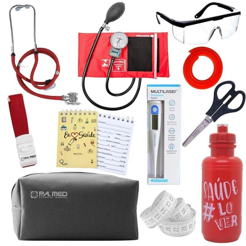 Kit Enfermagem Aparelho Pressao Esfigmo- Vermelho Pa Med