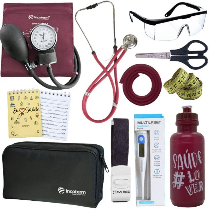Kit Enfermagem Estágio Aparelho Pressão Estetoscópio Vermelho Escuro