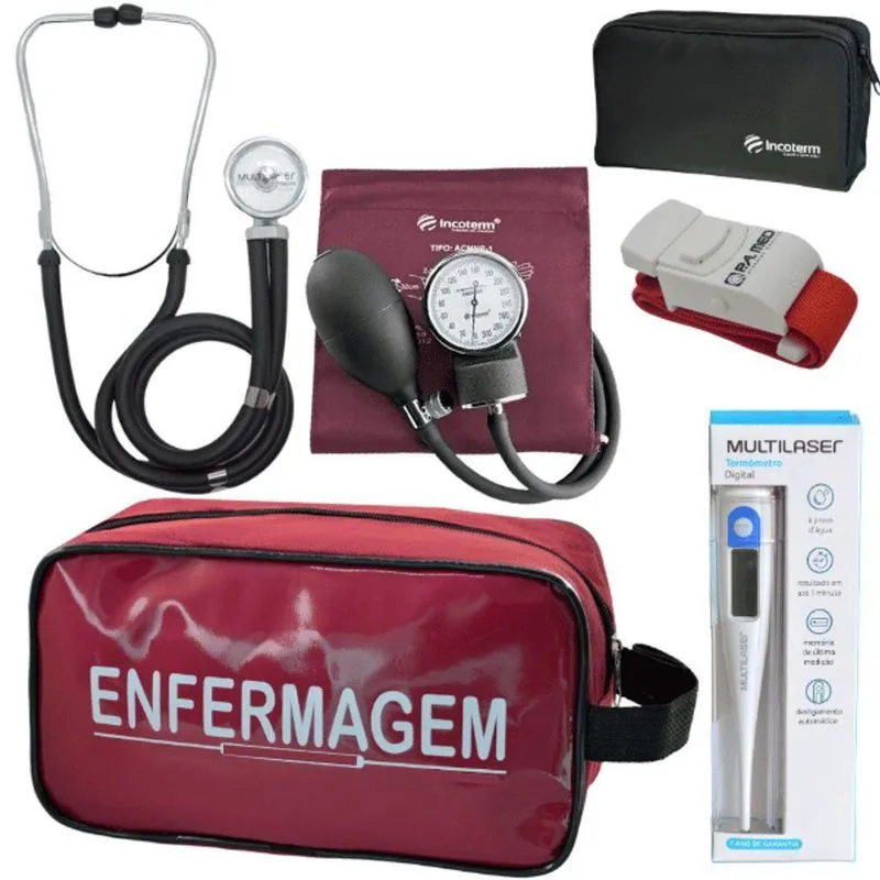 Kit Aparelho Pressão Estetoscópio Enfermagem Vermelho Escuro