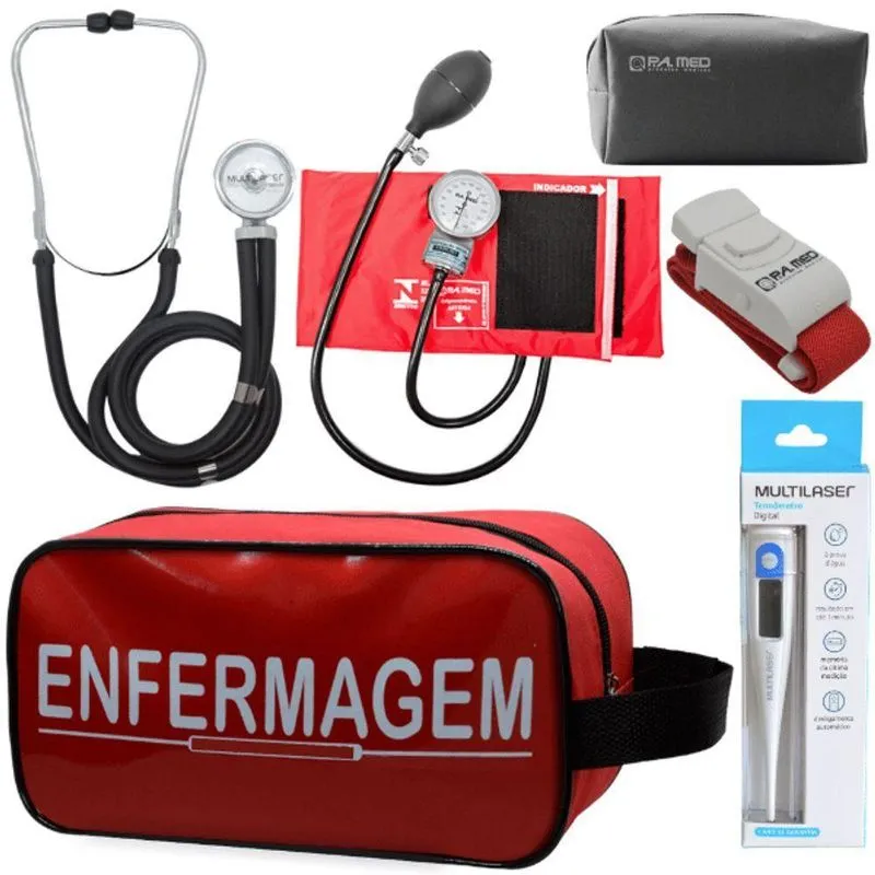 Kit Aparelho Pressão Estetoscópio Enfermagem Vermelho