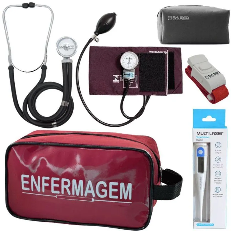 Kit Aparelho Pressão Estetoscópio Enfermagem Vermelho Escuro