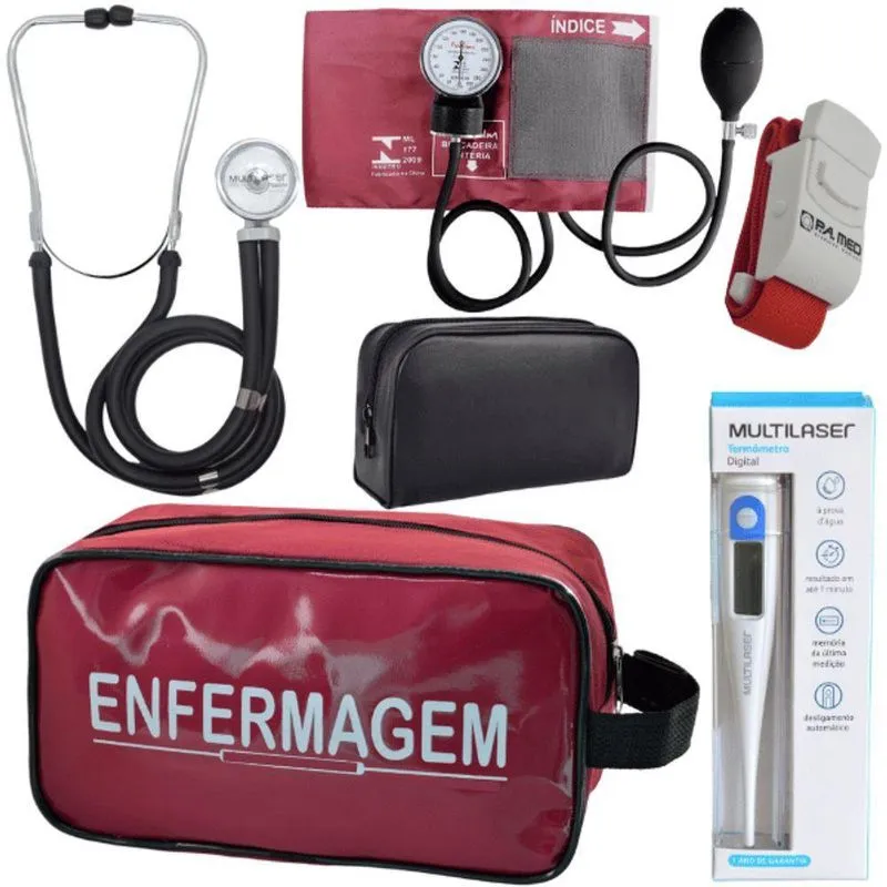 Kit Aparelho Pressão Estetoscópio Enfermagem Vermelho Escuro