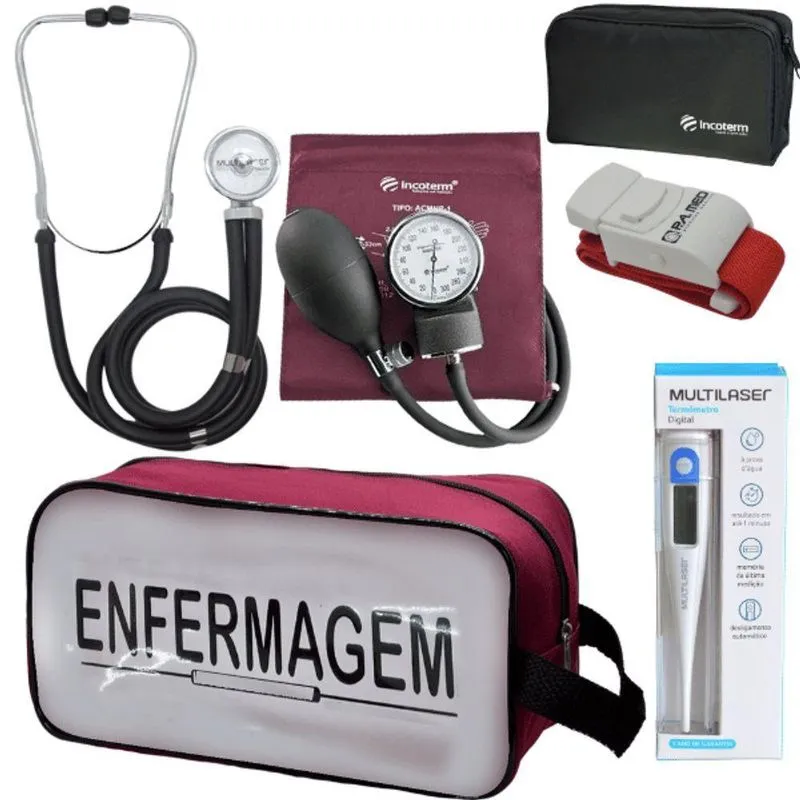 Kit Aparelho Pressão Estetoscópio Enfermagem Vermelho Escuro