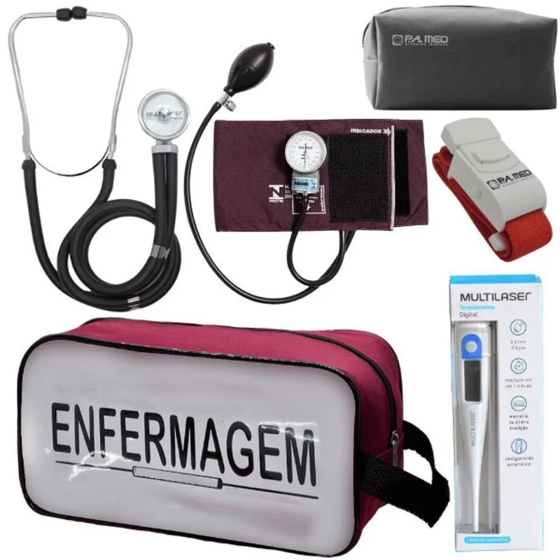 Kit Aparelho Pressão Estetoscópio Enfermagem Vermelho Escuro