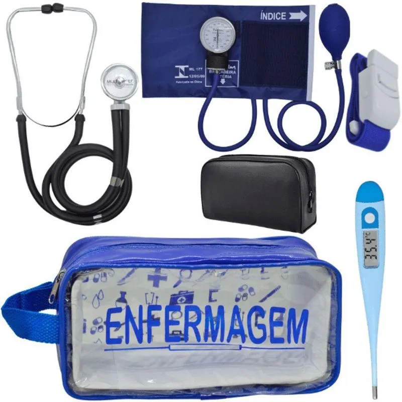 Kit Aparelho Pressão Estetoscópio Enfermagem Azul