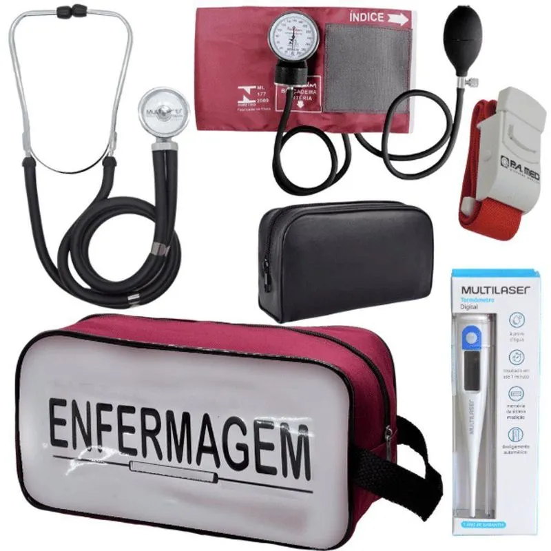 Kit Aparelho Pressão Estetoscópio Enfermagem Vermelho Escuro