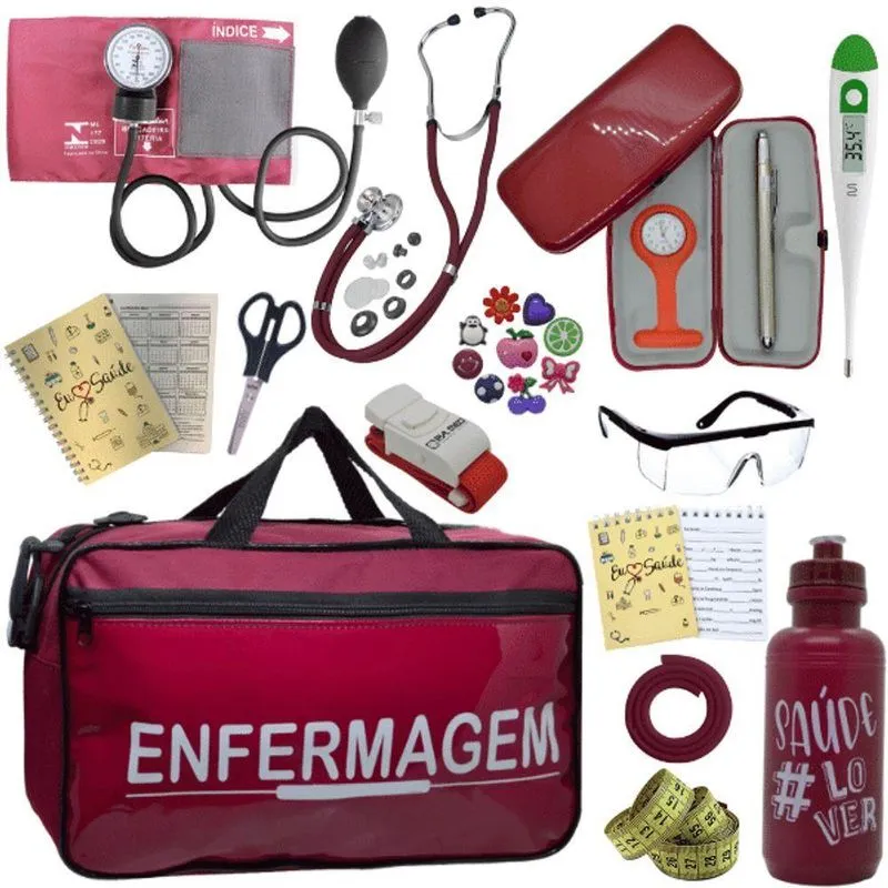 Kit Bolsa Cores Aparelho Pressao Esfigmomanometro Enfermagem Vermelho Escuro