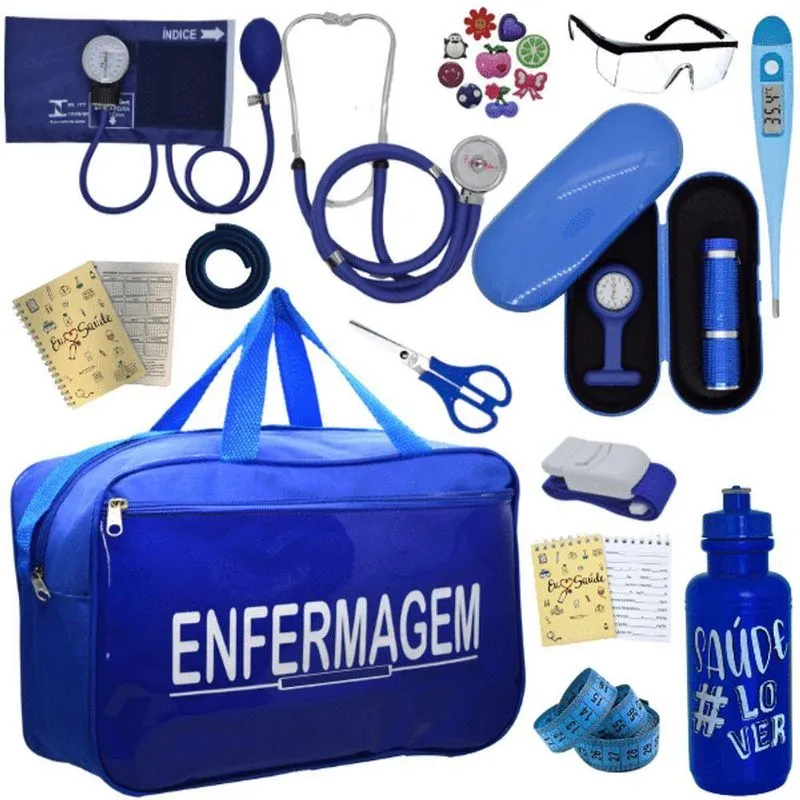 Kit Bolsa Cores Aparelho Pressao Esfigmomanometro Enfermagem Azul