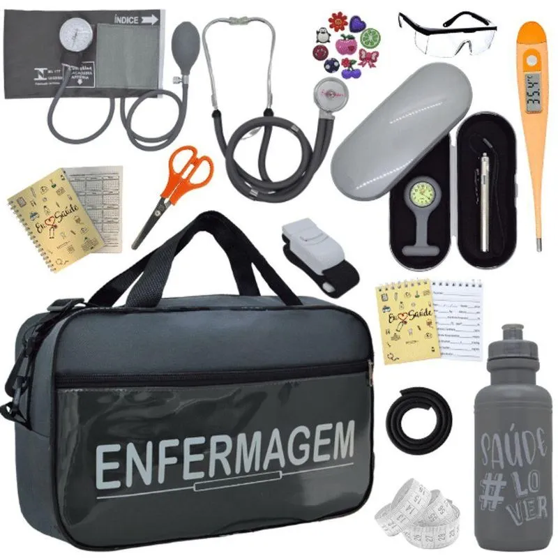 Kit Bolsa Cores Aparelho Pressao Esfigmomanometro Enfermagem Cinza