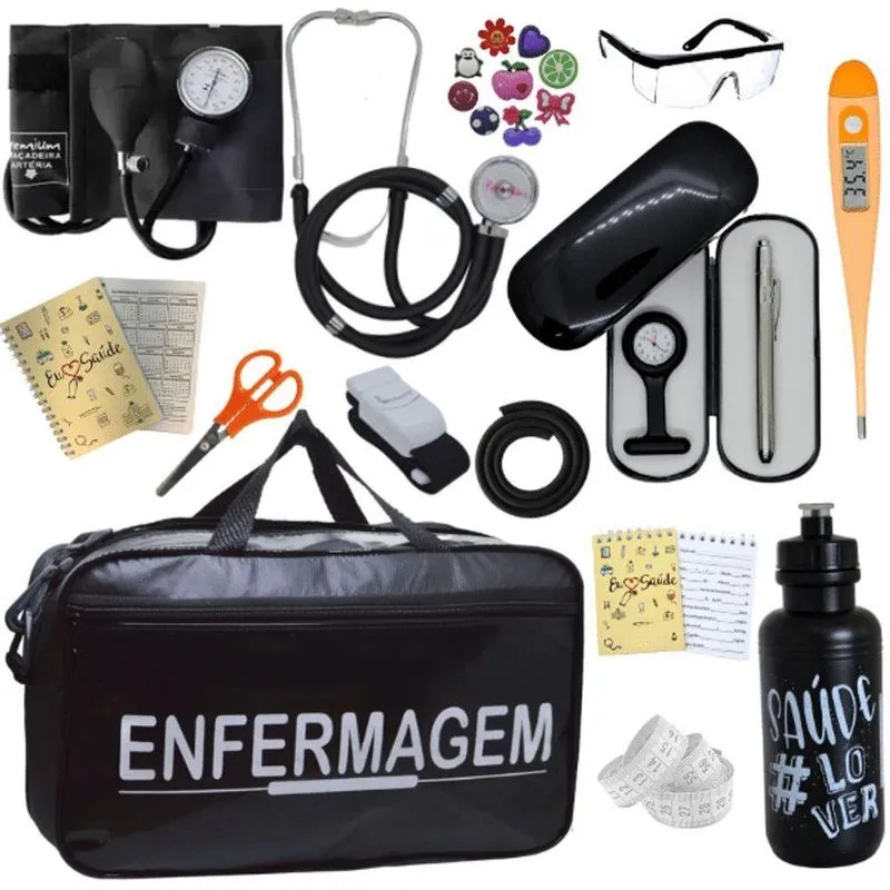 Kit Bolsa Cores Aparelho Pressao Esfigmomanometro Enfermagem Preto