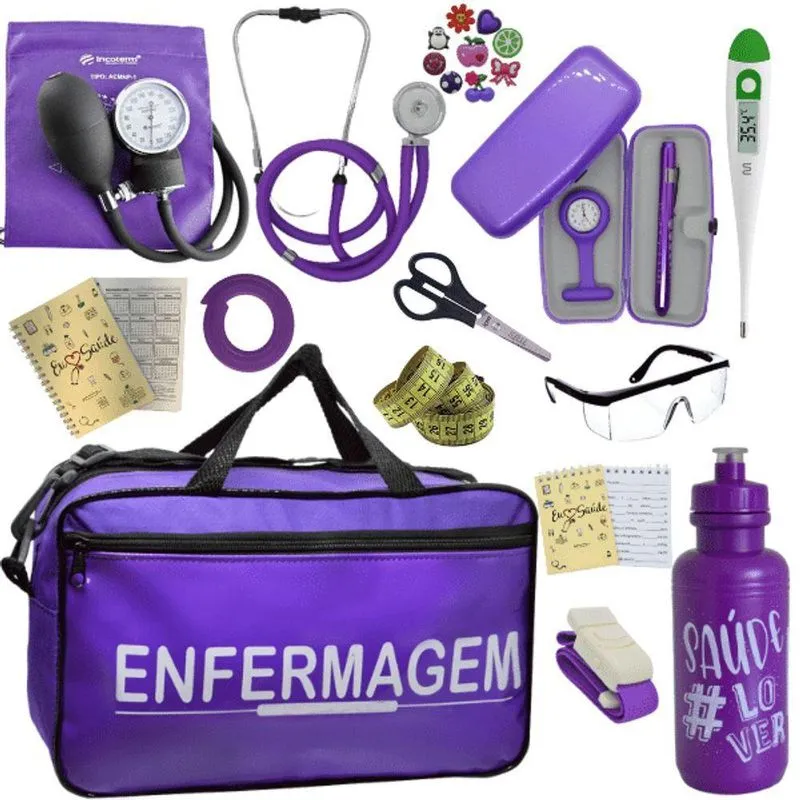 Kit Bolsa Cores Aparelho Pressao Esfigmomanometro Enfermagem Violeta Escuro