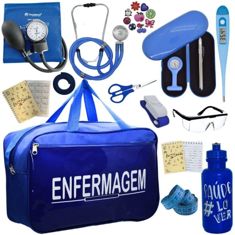 Kit Bolsa Cores Aparelho Pressao Esfigmomanometro Enfermagem Azul