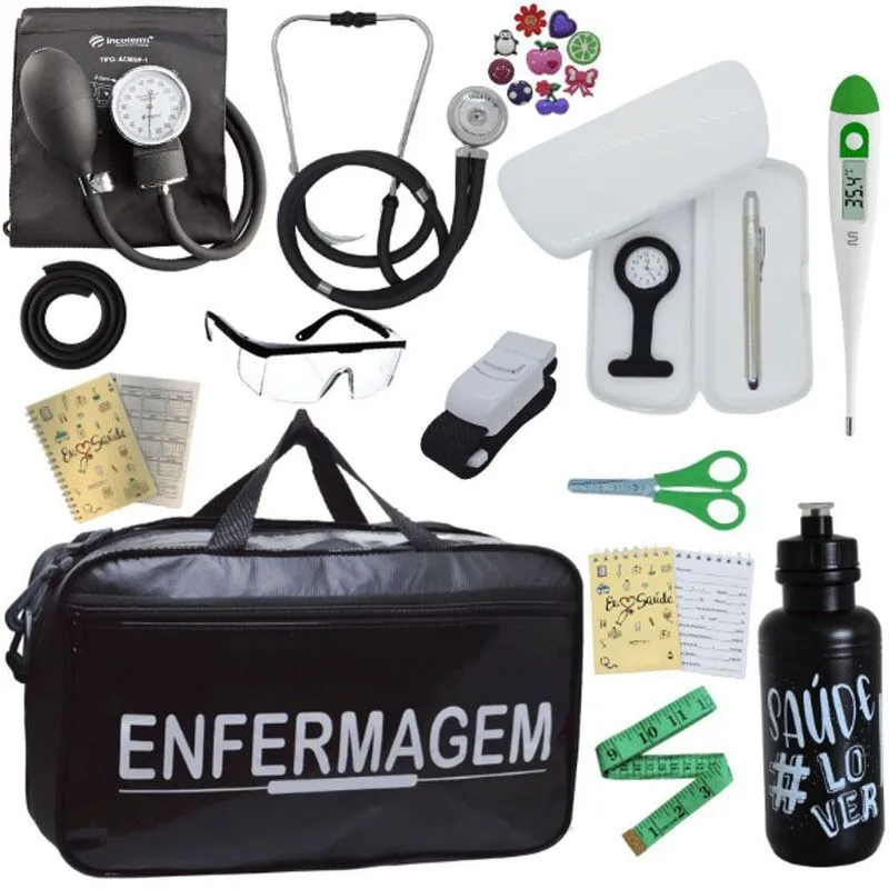 Kit Bolsa Cores Aparelho Pressao Esfigmomanometro Enfermagem Preto