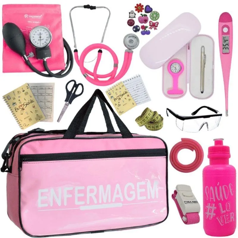 Kit Bolsa Cores Aparelho Pressao Esfigmomanometro Enfermagem Rosa