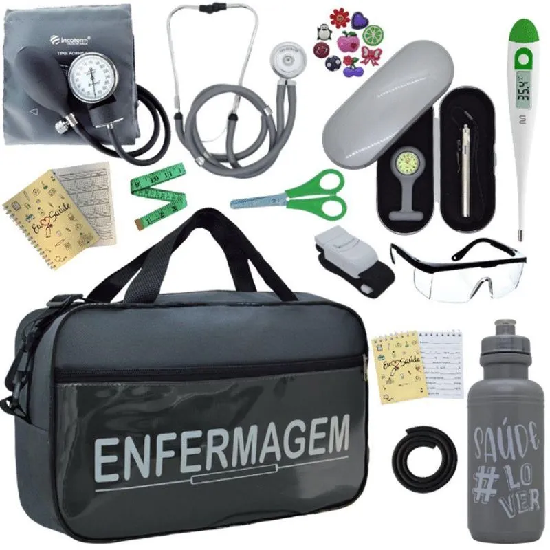 Kit Bolsa Cores Aparelho Pressao Esfigmomanometro Enfermagem Cinza