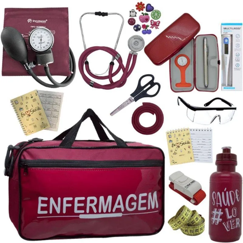 Kit Bolsa Cores Aparelho Pressao Esfigmomanometro Enfermagem Vermelho Escuro