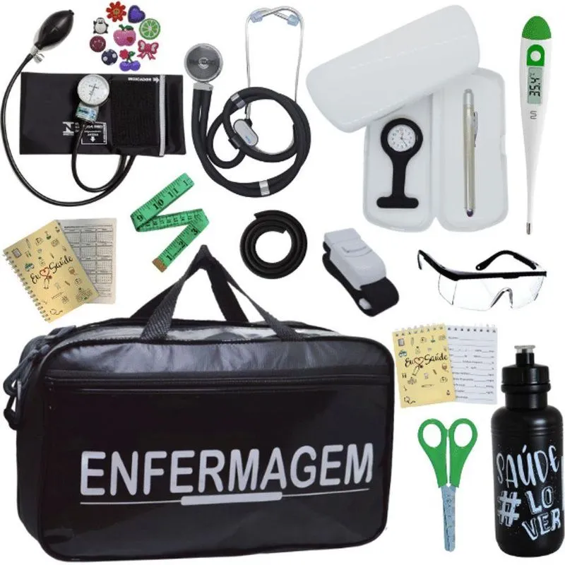 Kit Bolsa Cores Aparelho Pressao Esfigmomanometro Enfermagem Preto