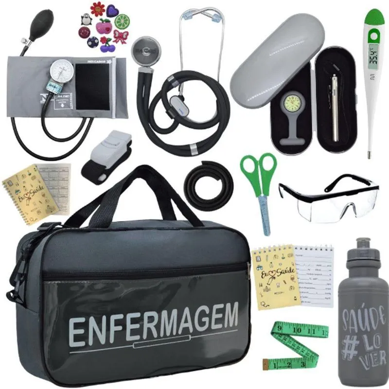 Kit Bolsa Cores Aparelho Pressao Esfigmomanometro Enfermagem Cinza