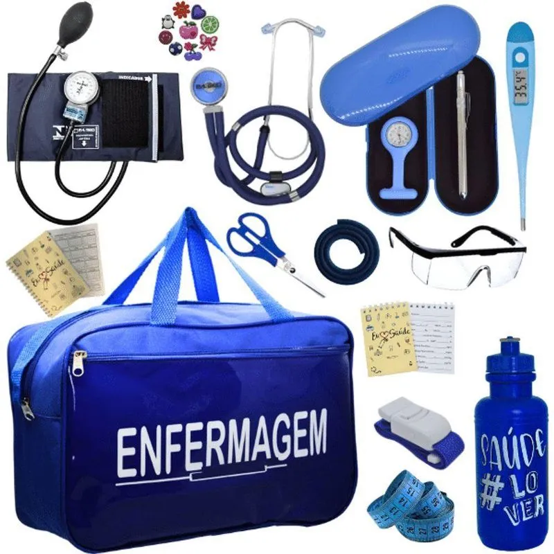 Kit Bolsa Cores Aparelho Pressao Esfigmomanometro Enfermagem Azul