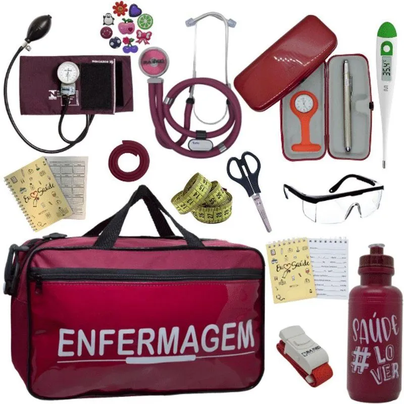 Kit Bolsa Cores Aparelho Pressao Esfigmomanometro Enfermagem Vermelho Escuro