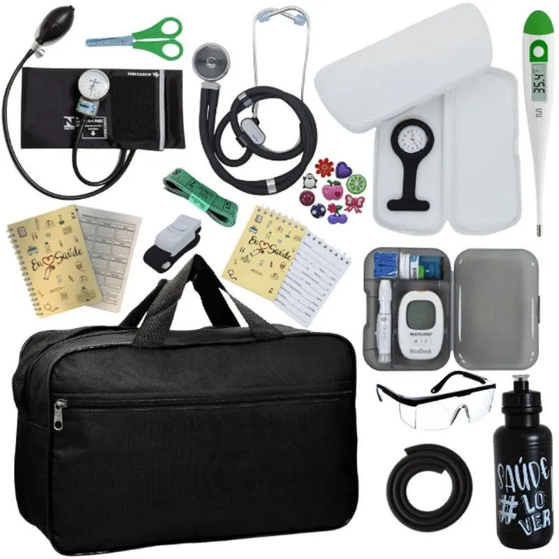 Kit Bolsa Cores Aparelho De Pressao Esfigmomanometro Estetoscópio Preto