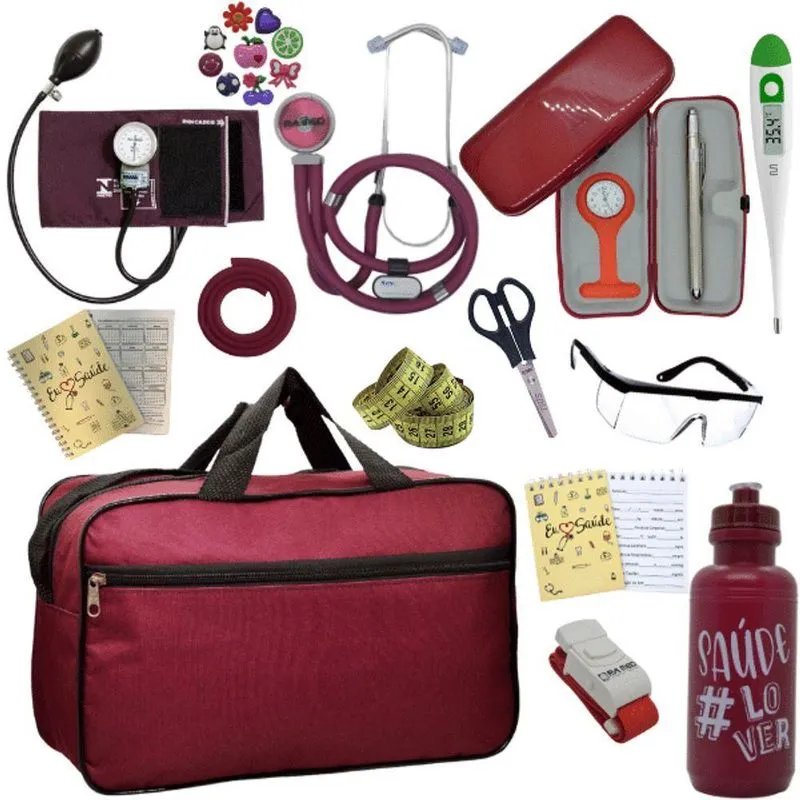 Kit Bolsa Cores Aparelho De Pressao Esfigmomanometro Estetoscópio Vermelho Escuro
