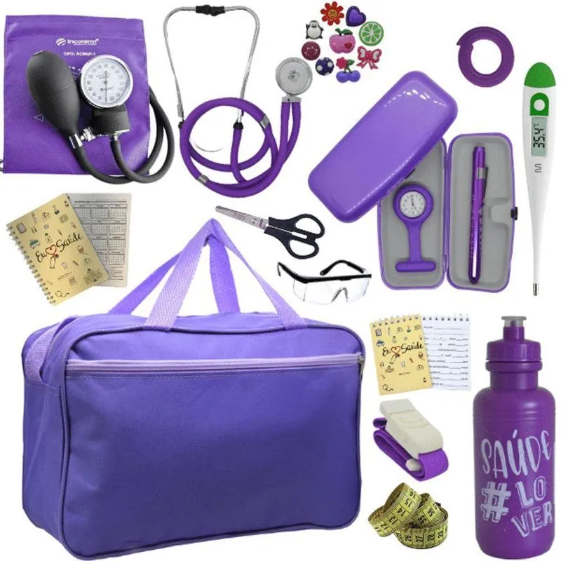 Kit Bolsa Cores Aparelho De Pressao Esfigmomanometro Estetoscópio Violeta Escuro