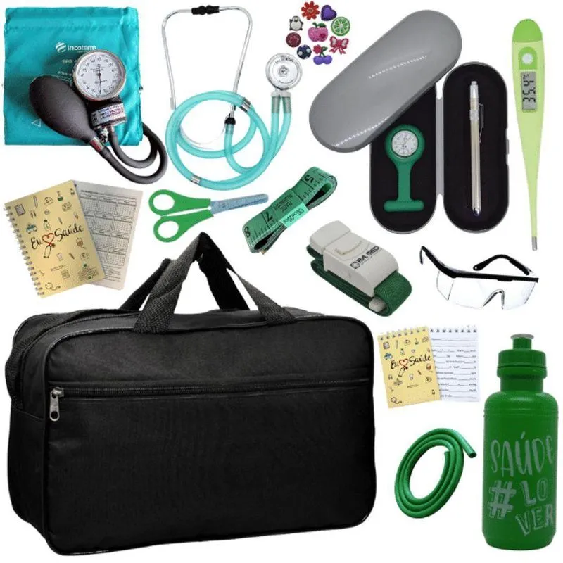Kit Bolsa Cores Aparelho De Pressao Esfigmomanometro Estetoscópio Verde