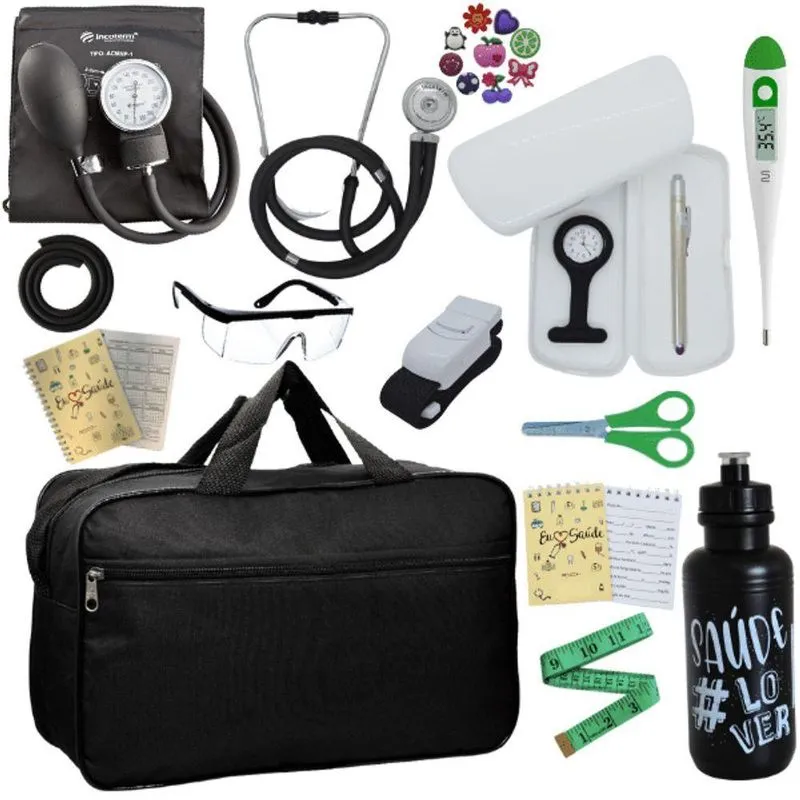 Kit Bolsa Cores Aparelho De Pressao Esfigmomanometro Estetoscópio Preto