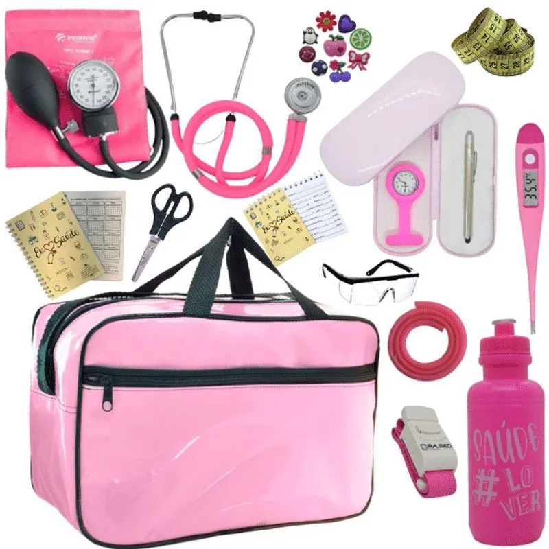 Kit Bolsa Cores Aparelho De Pressao Esfigmomanometro Estetoscópio Rosa