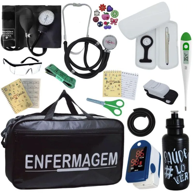 Kit Bolsa Cores Aparelho Pressao Esfigmomanometro Medidor Enfermagem Preto