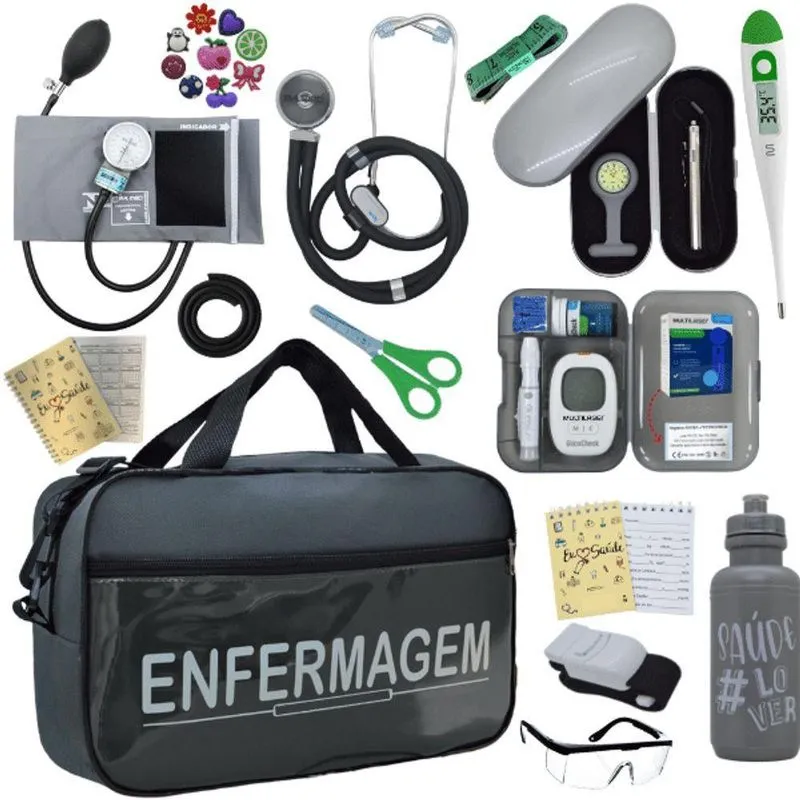 Kit Bolsa Cores Aparelho Pressao Esfigmomanometro Medidor Enfermagem Cinza