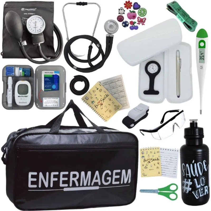 Kit Bolsa Cores Aparelho Pressao Esfigmomanometro Medidor Enfermagem Preto