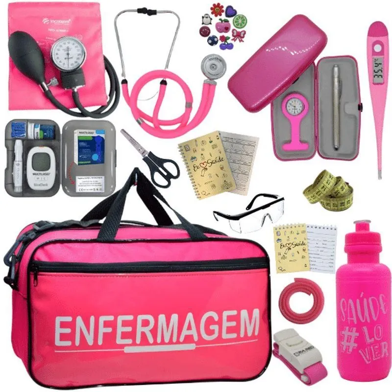 Kit Bolsa Cores Aparelho Pressao Esfigmomanometro Medidor Enfermagem Fúcsia