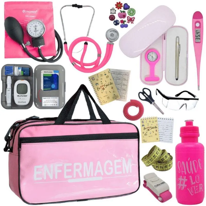 Kit Bolsa Cores Aparelho Pressao Esfigmomanometro Medidor Enfermagem Rosa