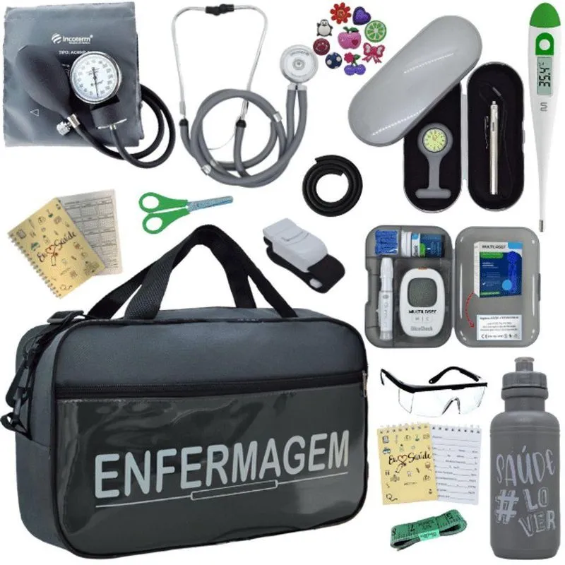 Kit Bolsa Cores Aparelho Pressao Esfigmomanometro Medidor Enfermagem Cinza