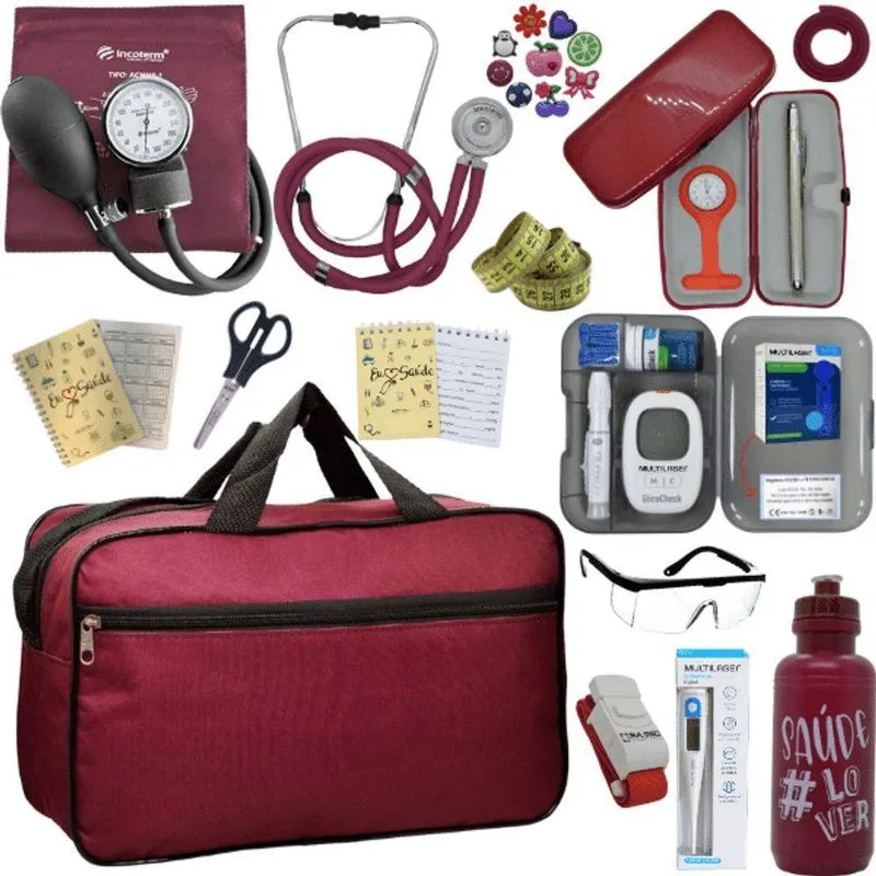Kit Bolsa Cores Aparelho De Pressao Esfigmomanometro Estetoscópio Medidor De Glicose Vermelho Escuro