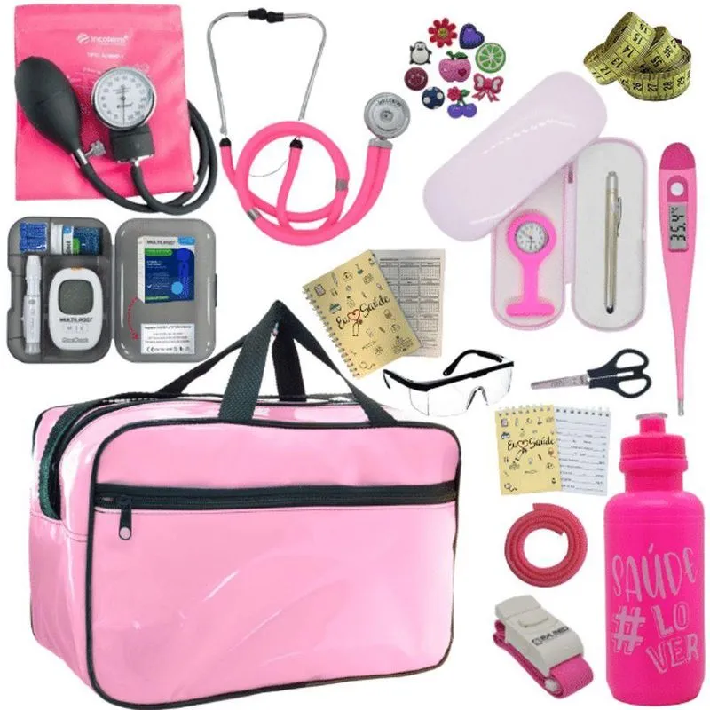 Kit Bolsa Cores Aparelho De Pressao Esfigmomanometro Estetoscópio Medidor De Glicose Rosa
