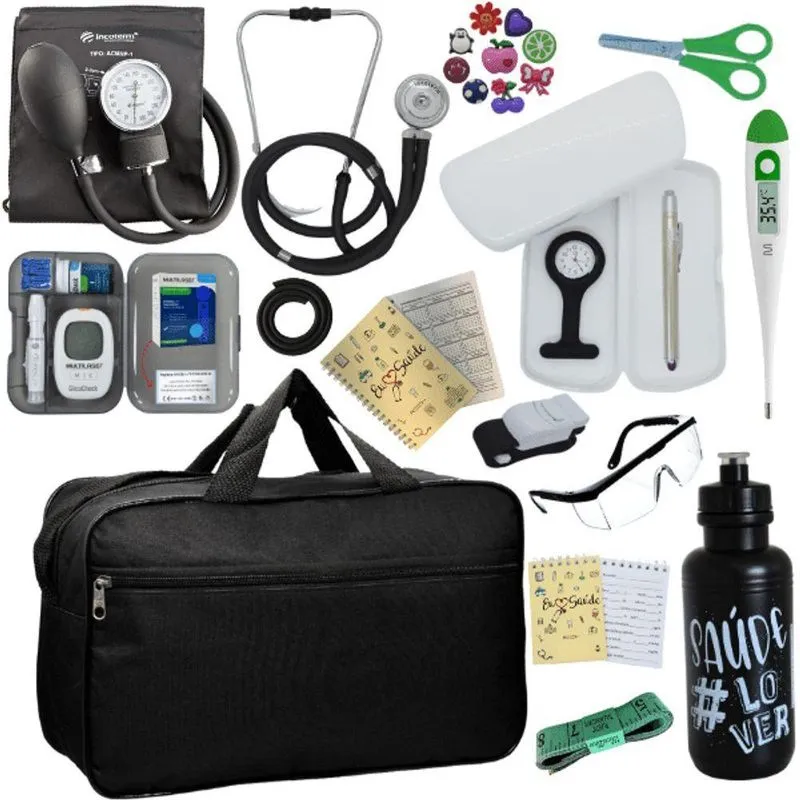 Kit Bolsa Cores Aparelho De Pressao Esfigmomanometro Estetoscópio Medidor De Glicose Preto