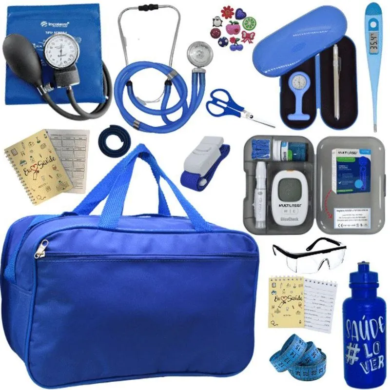 Kit Bolsa Cores Aparelho De Pressao Esfigmomanometro Estetoscópio Medidor De Glicose Azul