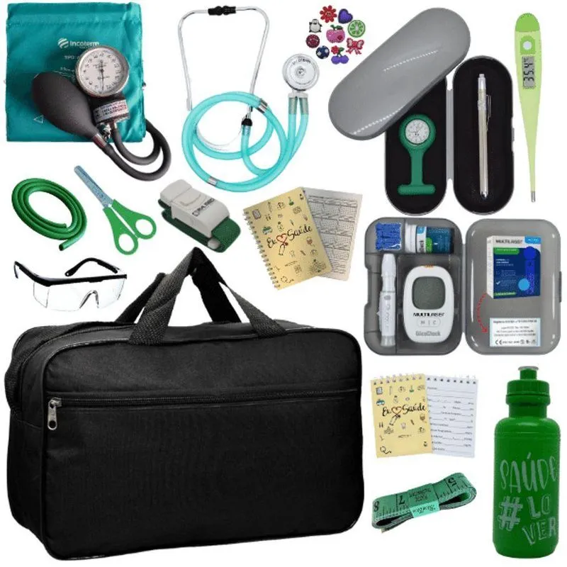 Kit Bolsa Cores Aparelho De Pressao Esfigmomanometro Estetoscópio Medidor De Glicose Verde