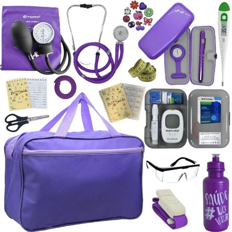 Kit Bolsa Cores Aparelho De Pressao Esfigmomanometro Estetoscópio Medidor De Glicose Violeta Escuro