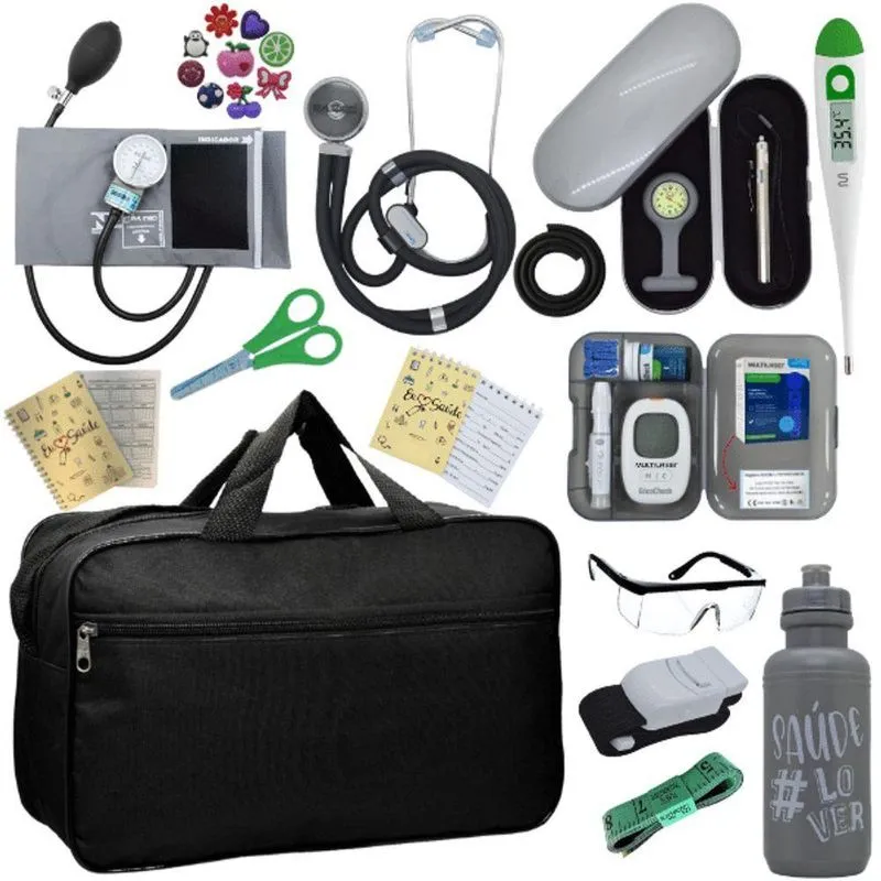 Kit Bolsa Cores Aparelho De Pressao Esfigmomanometro Estetoscópio Medidor De Glicose Cinza
