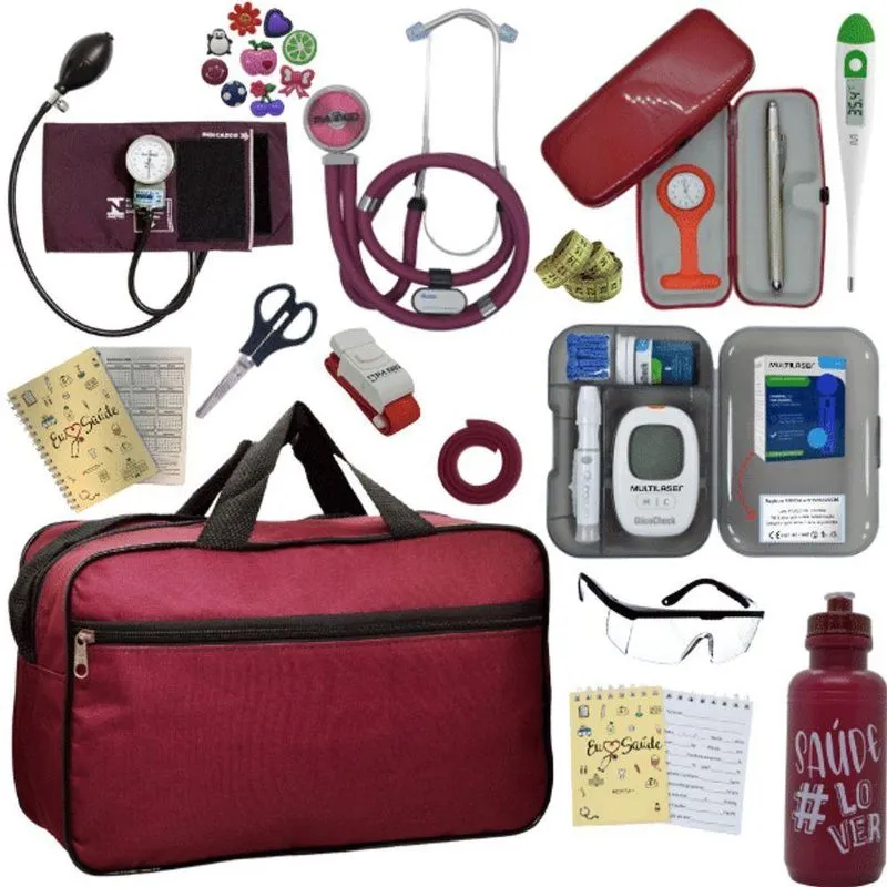 Kit Bolsa Cores Aparelho De Pressao Esfigmomanometro Estetoscópio Medidor De Glicose Vermelho Escuro