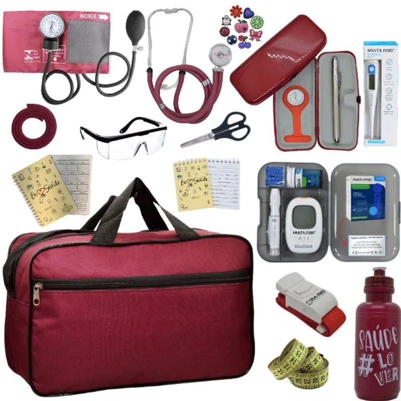 Kit Bolsa Cores Aparelho De Pressao Esfigmomanometro Estetoscópio Medidor De Glicose Vermelho Escuro