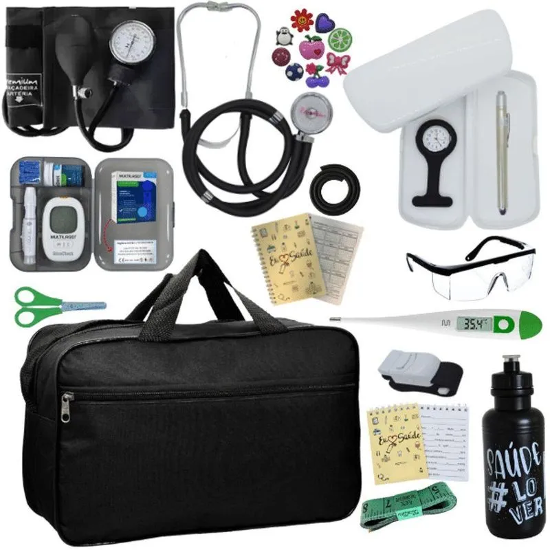 Kit Bolsa Cores Aparelho De Pressao Esfigmomanometro Estetoscópio Medidor De Glicose Preto