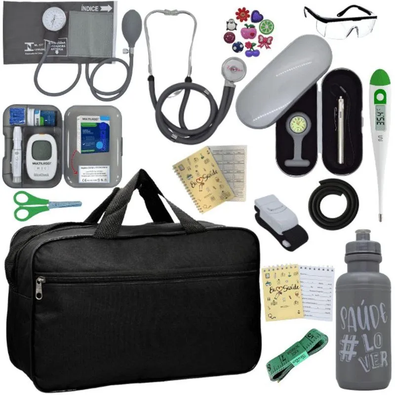 Kit Bolsa Cores Aparelho De Pressao Esfigmomanometro Estetoscópio Medidor De Glicose Cinza