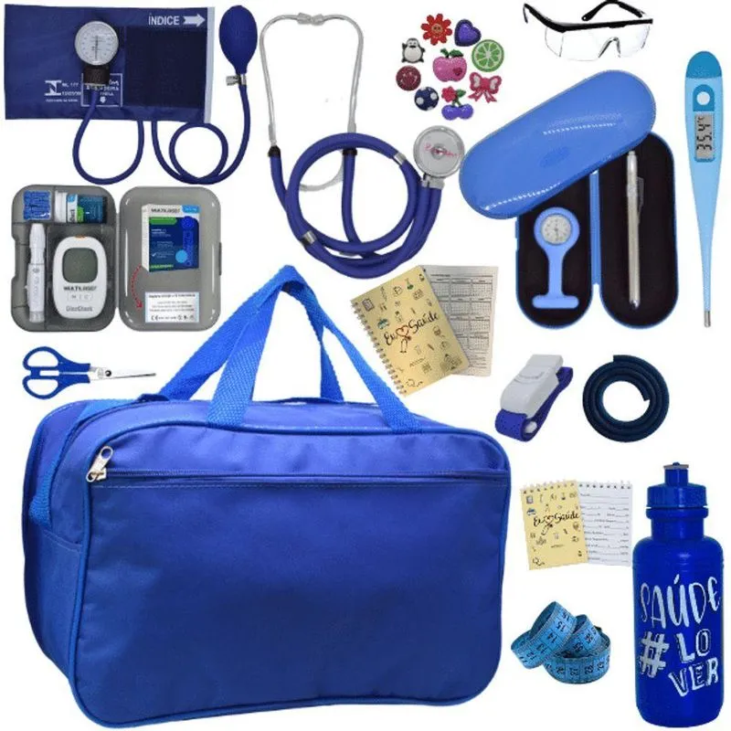 Kit Bolsa Cores Aparelho De Pressao Esfigmomanometro Estetoscópio Medidor De Glicose Azul